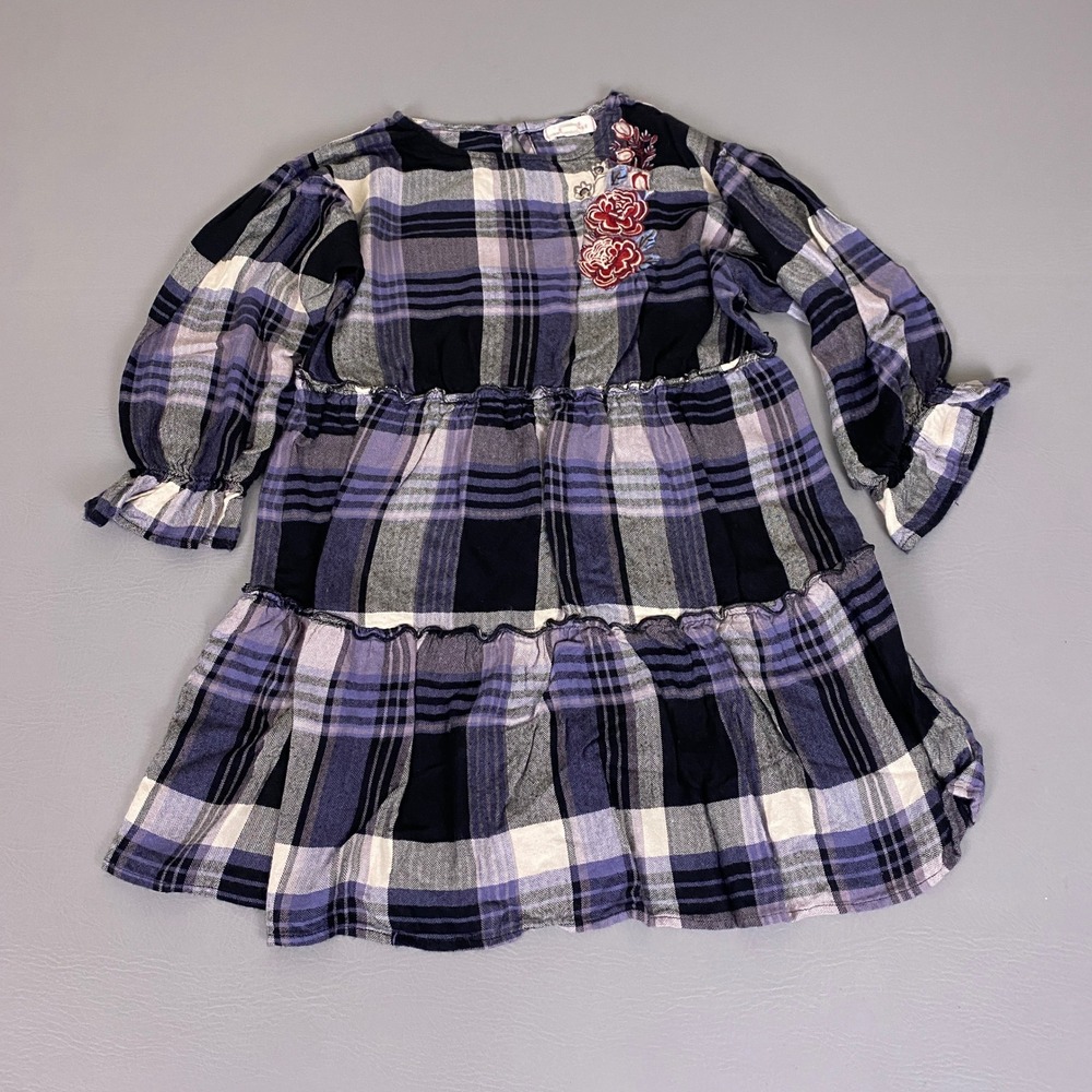 Walking On‎ Sunshine Tunic Top / Dress XL Purple Plaid Floral Embroidered Tiered